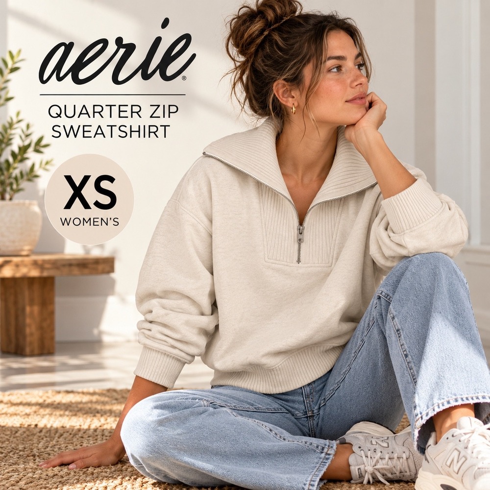 Aerie Quarter Zip Sweatshirt XS Cream Oversized Ribbed Collar Pullover Cozy